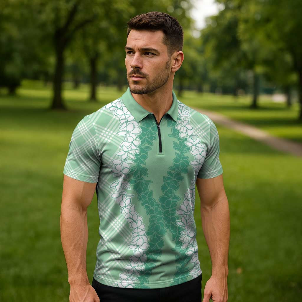 Hawaii Aloha Plumeria Lei Mint Palaka Zipper Polo Shirt - Polynesian Pride