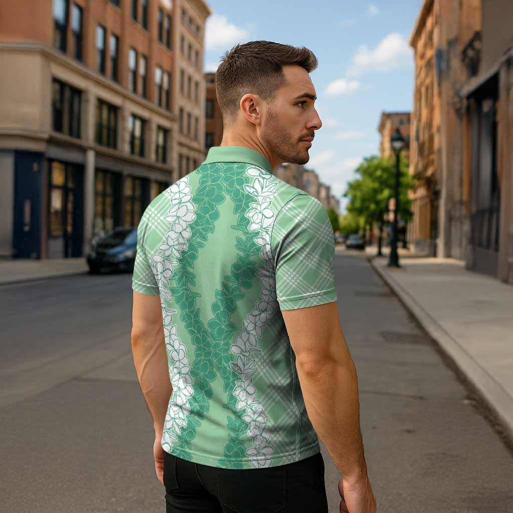 Hawaii Aloha Plumeria Lei Mint Palaka Zipper Polo Shirt - Polynesian Pride