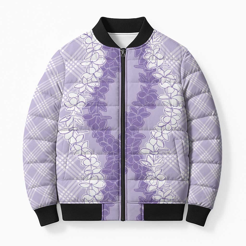 Hawaii Aloha Plumeria Lei Lavender Palaka Bomber Puffer Jacket - Polynesian Pride