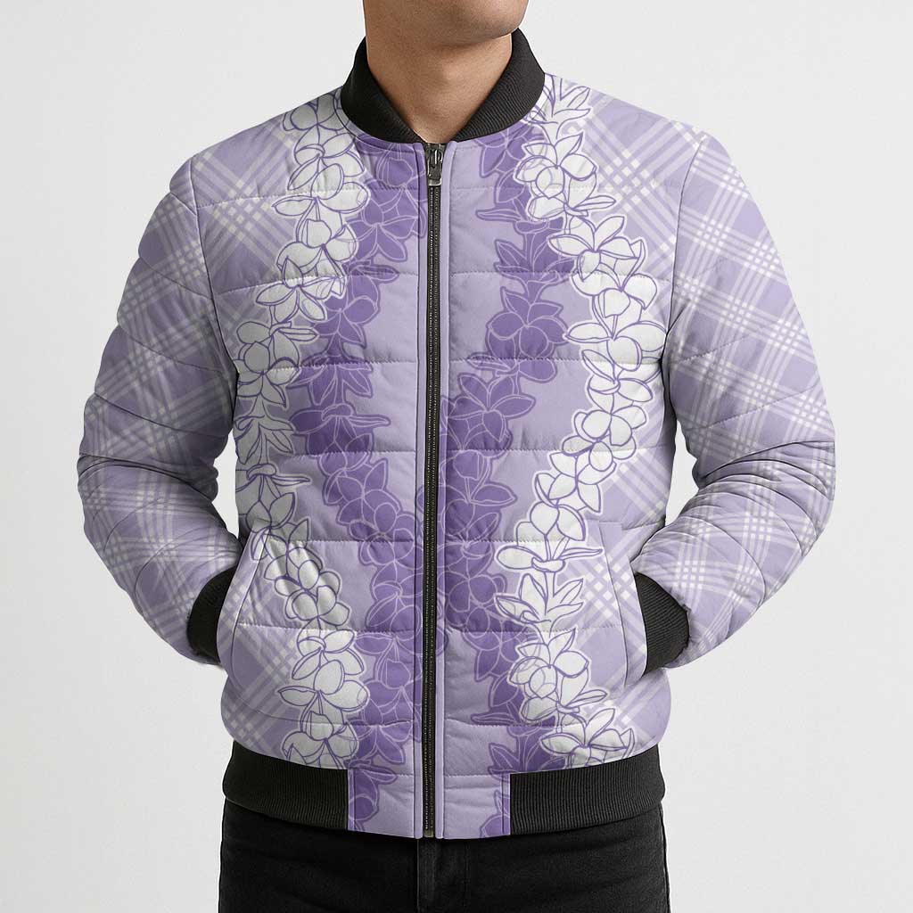 Hawaii Aloha Plumeria Lei Lavender Palaka Bomber Puffer Jacket - Polynesian Pride