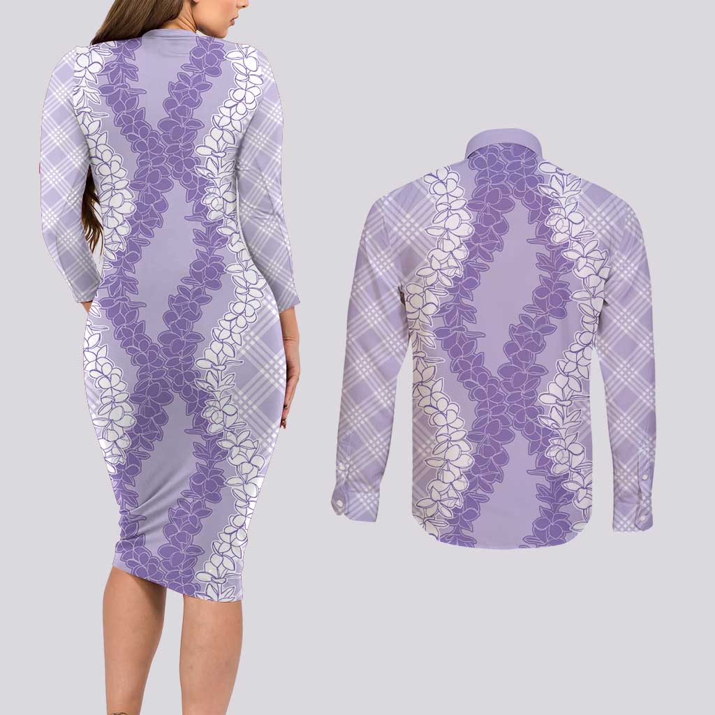Hawaii Aloha Plumeria Lei Lavender Palaka Couples Matching Long Sleeve Bodycon Dress and Long Sleeve Button Shirt - Polynesian Pride
