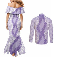Hawaii Aloha Plumeria Lei Lavender Palaka Couples Matching Mermaid Dress and Long Sleeve Button Shirt - Polynesian Pride