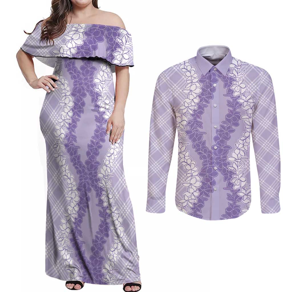 Hawaii Aloha Plumeria Lei Lavender Palaka Couples Matching Off Shoulder Maxi Dress and Long Sleeve Button Shirt - Polynesian Pride