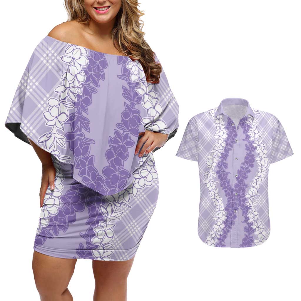 Hawaii Aloha Plumeria Lei Lavender Palaka Couples Matching Off Shoulder Short Dress and Hawaiian Shirt - Polynesian Pride
