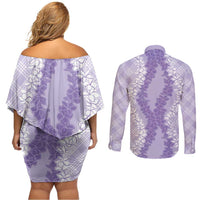Hawaii Aloha Plumeria Lei Lavender Palaka Couples Matching Off Shoulder Short Dress and Long Sleeve Button Shirt - Polynesian Pride