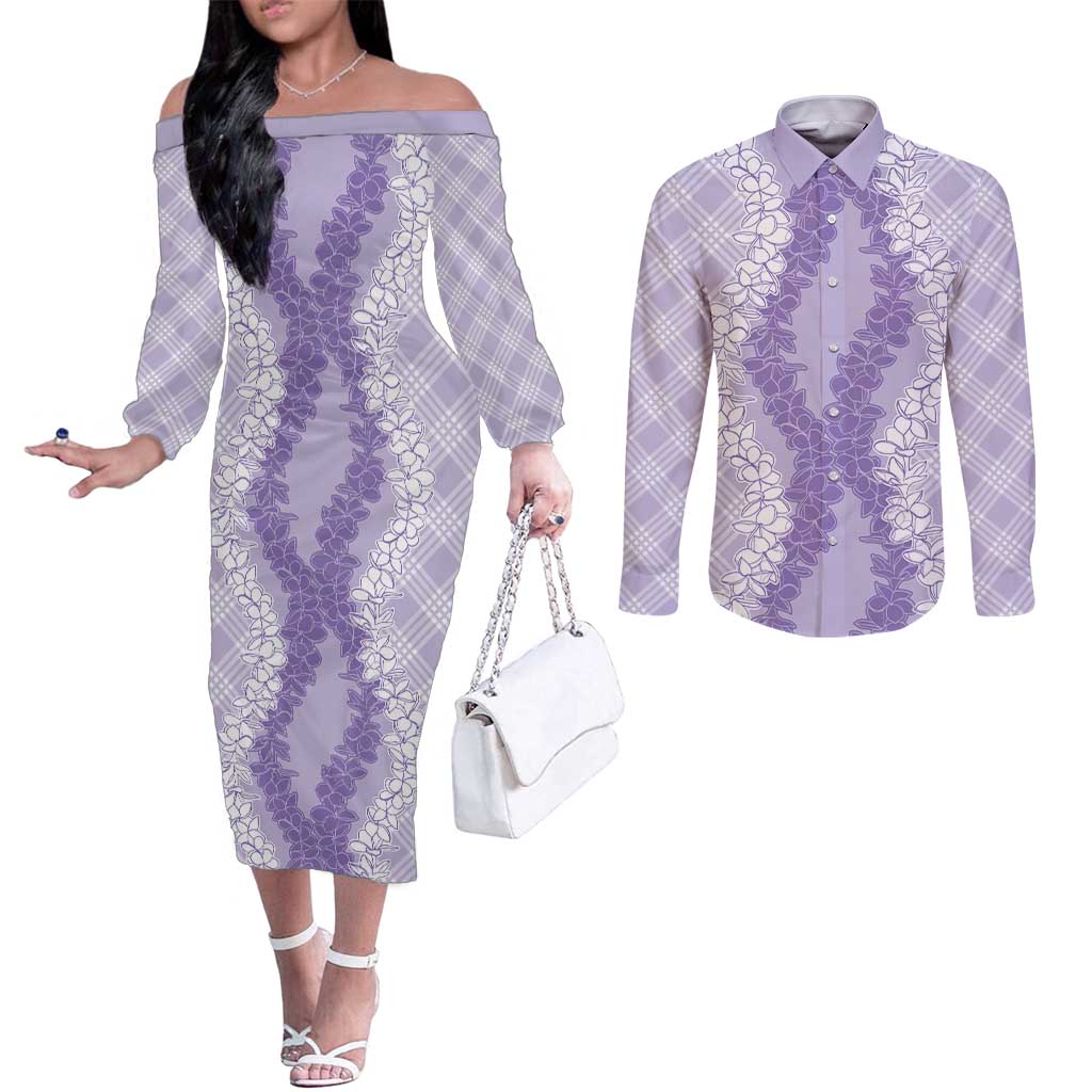 Hawaii Aloha Plumeria Lei Lavender Palaka Couples Matching Off The Shoulder Long Sleeve Dress and Long Sleeve Button Shirt - Polynesian Pride