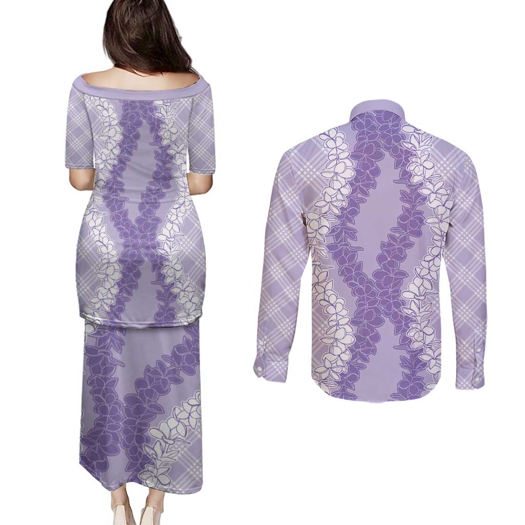 Hawaii Aloha Plumeria Lei Lavender Palaka Couples Matching Puletasi and Long Sleeve Button Shirt - Polynesian Pride