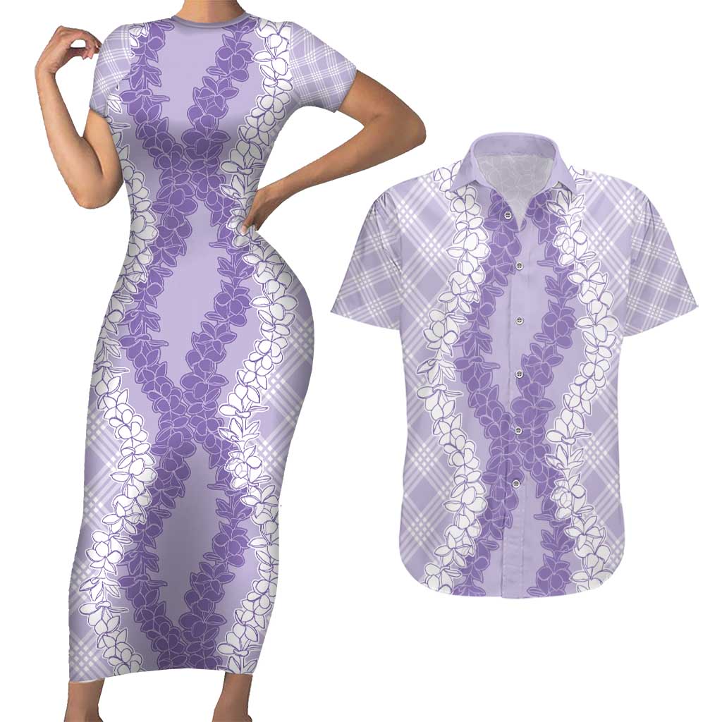 Hawaii Aloha Plumeria Lei Lavender Palaka Couples Matching Short Sleeve Bodycon Dress and Hawaiian Shirt - Polynesian Pride