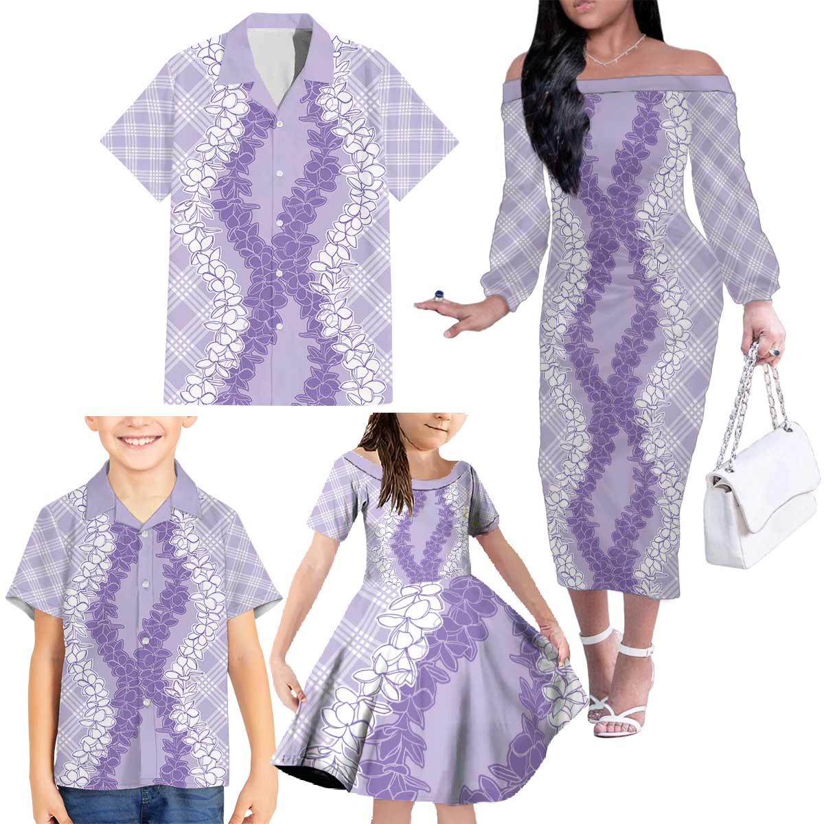 Hawaii Aloha Plumeria Lei Lavender Palaka Family Matching Off The Shoulder Long Sleeve Dress and Hawaiian Shirt - Polynesian Pride