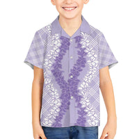 Hawaii Aloha Plumeria Lei Lavender Palaka Family Matching Off Shoulder Short Dress and Hawaiian Shirt - Polynesian Pride
