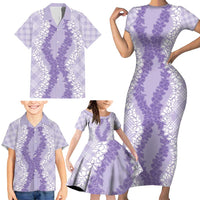 Hawaii Aloha Plumeria Lei Lavender Palaka Family Matching Short Sleeve Bodycon Dress and Hawaiian Shirt - Polynesian Pride