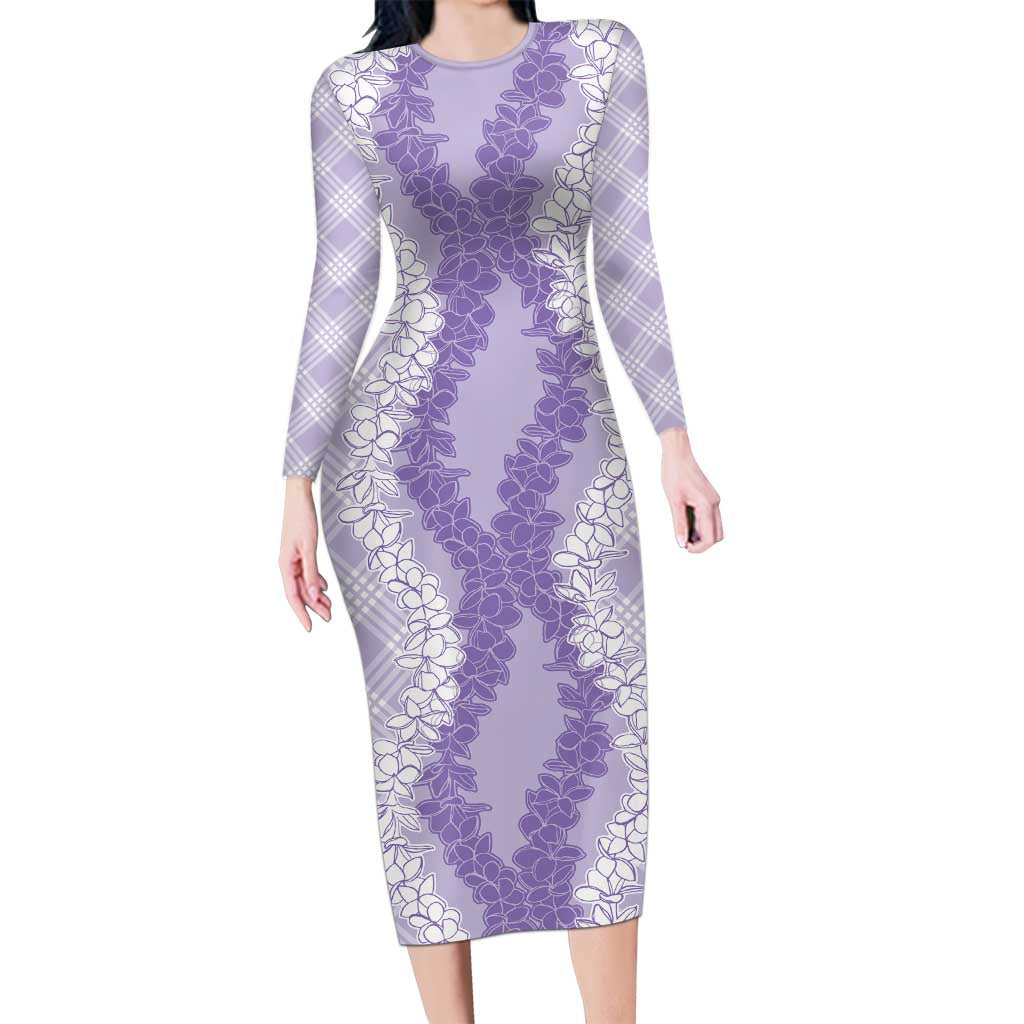 Hawaii Aloha Plumeria Lei Lavender Palaka Long Sleeve Bodycon Dress - Polynesian Pride