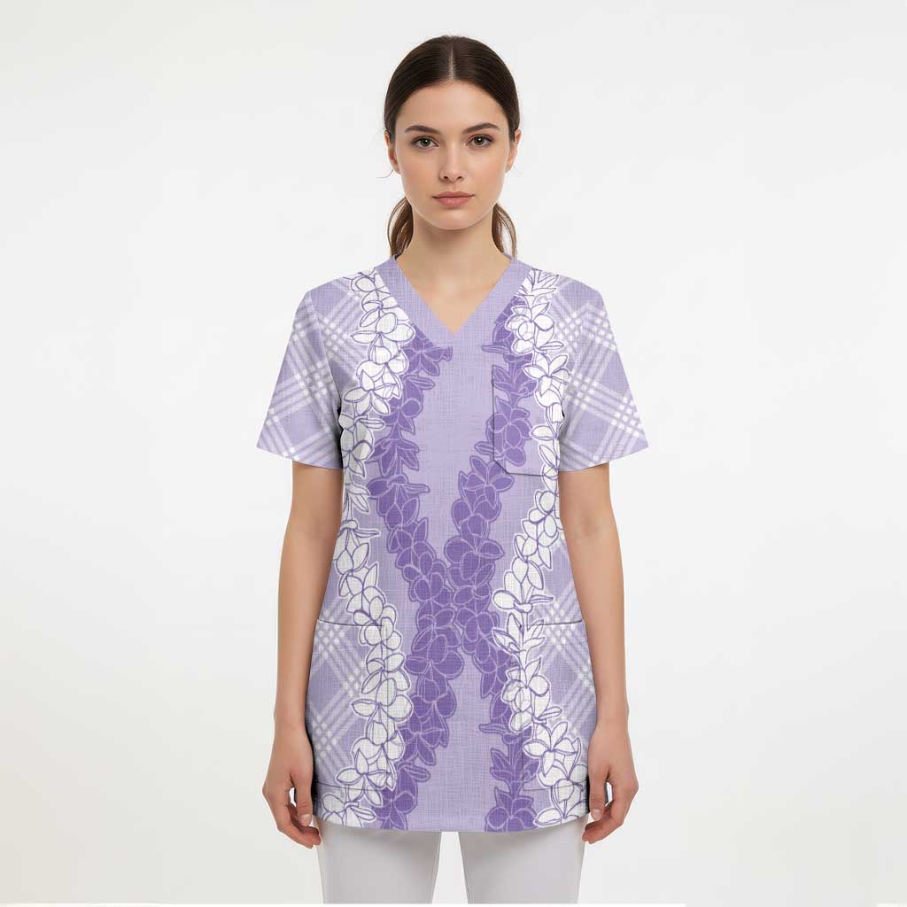 Hawaii Aloha Plumeria Lei Lavender Palaka Scrub Top - Polynesian Pride