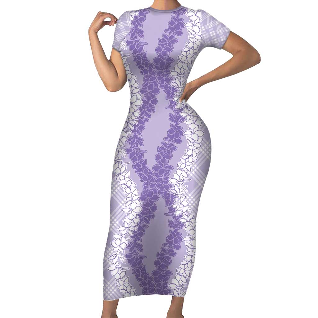 Hawaii Aloha Plumeria Lei Lavender Palaka Short Sleeve Bodycon Dress - Polynesian Pride