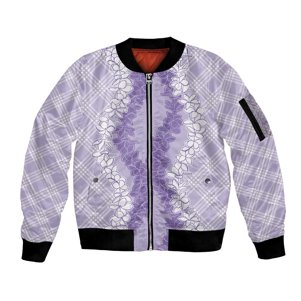 Hawaii Aloha Plumeria Lei Lavender Palaka Sleeve Zip Bomber Jacket - Polynesian Pride