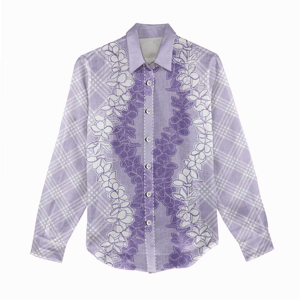 Hawaii Aloha Plumeria Lei Lavender Palaka Women Casual Shirt - Polynesian Pride