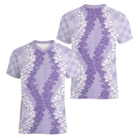 Hawaii Aloha Plumeria Lei Lavender Palaka Women V-Neck T-Shirt - Polynesian Pride