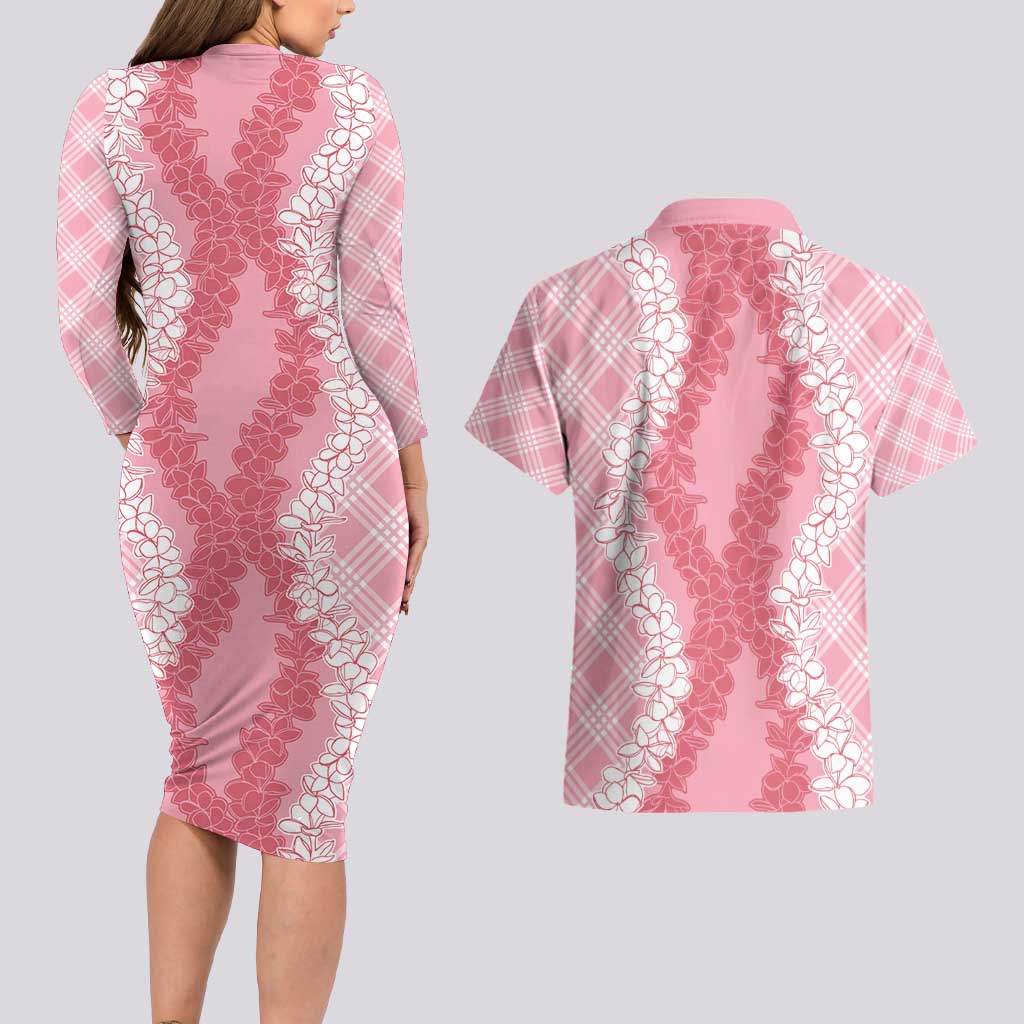 Hawaii Aloha Plumeria Lei Pink Palaka Couples Matching Long Sleeve Bodycon Dress and Hawaiian Shirt - Polynesian Pride
