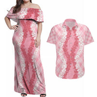 Hawaii Aloha Plumeria Lei Pink Palaka Couples Matching Off Shoulder Maxi Dress and Hawaiian Shirt - Polynesian Pride