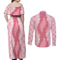 Hawaii Aloha Plumeria Lei Pink Palaka Couples Matching Off Shoulder Maxi Dress and Long Sleeve Button Shirt - Polynesian Pride