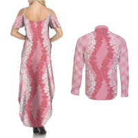 Hawaii Aloha Plumeria Lei Pink Palaka Couples Matching Summer Maxi Dress and Long Sleeve Button Shirt - Polynesian Pride