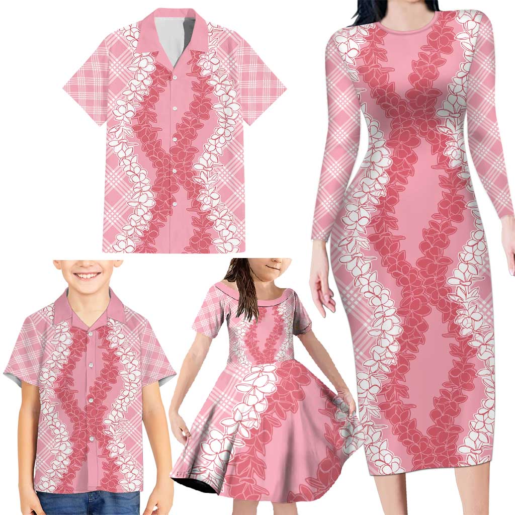 Hawaii Aloha Plumeria Lei Pink Palaka Family Matching Long Sleeve Bodycon Dress and Hawaiian Shirt - Polynesian Pride