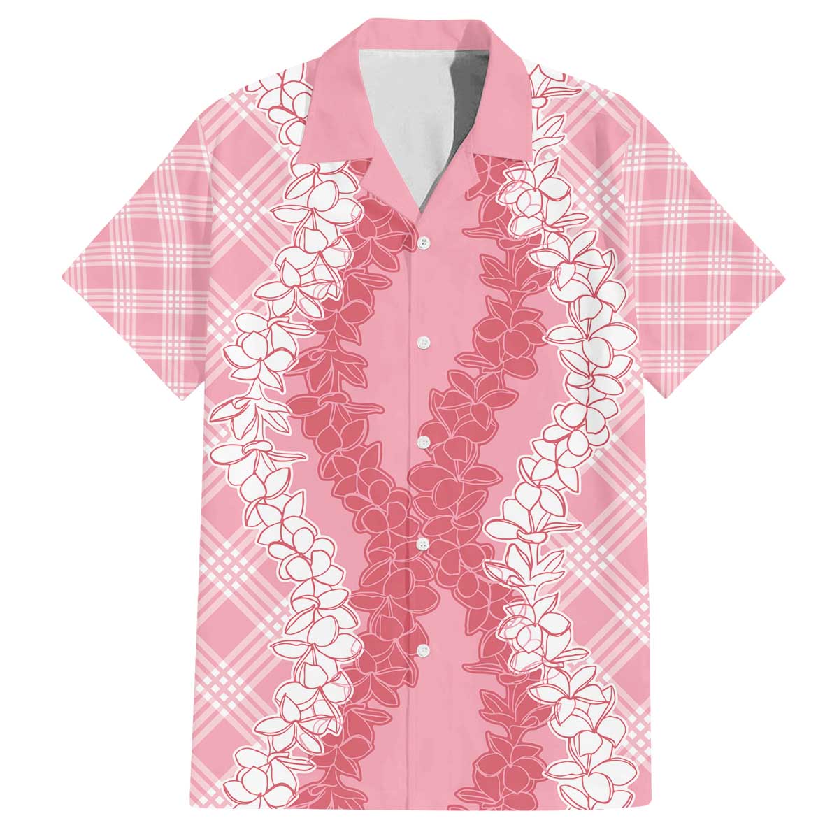 Hawaii Aloha Plumeria Lei Pink Palaka Family Matching Off The Shoulder Long Sleeve Dress and Hawaiian Shirt - Polynesian Pride