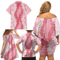 Hawaii Aloha Plumeria Lei Pink Palaka Family Matching Off Shoulder Short Dress and Hawaiian Shirt - Polynesian Pride