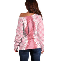 Hawaii Aloha Plumeria Lei Pink Palaka Off Shoulder Sweater - Polynesian Pride