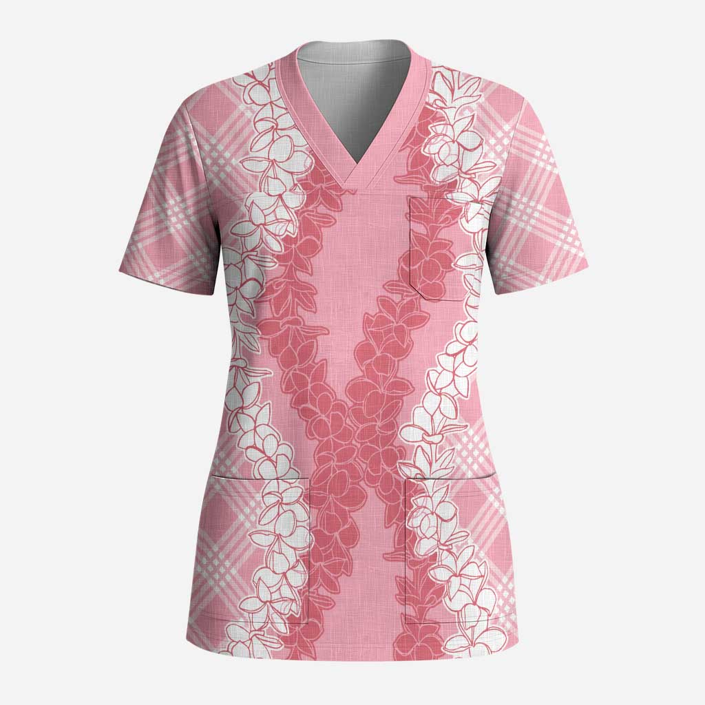 Hawaii Aloha Plumeria Lei Pink Palaka Scrub Top - Polynesian Pride