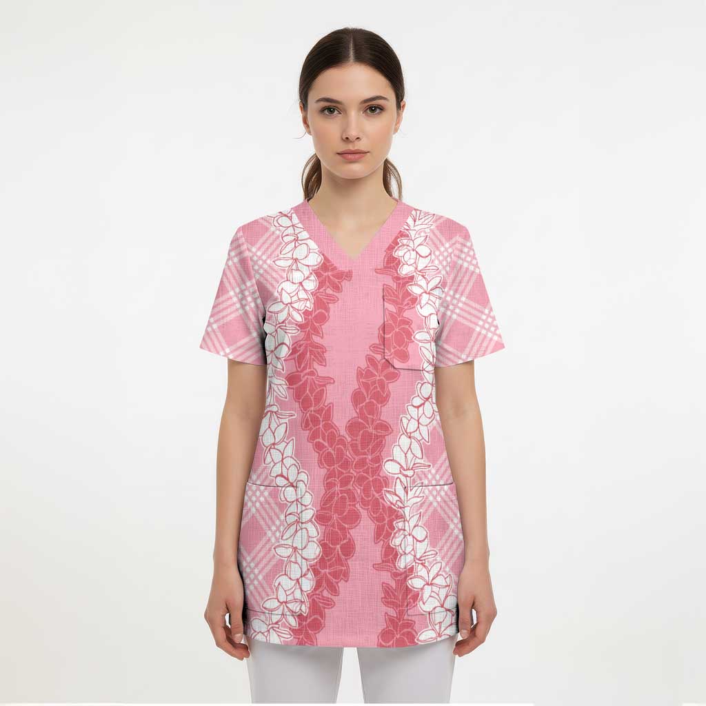 Hawaii Aloha Plumeria Lei Pink Palaka Scrub Top - Polynesian Pride