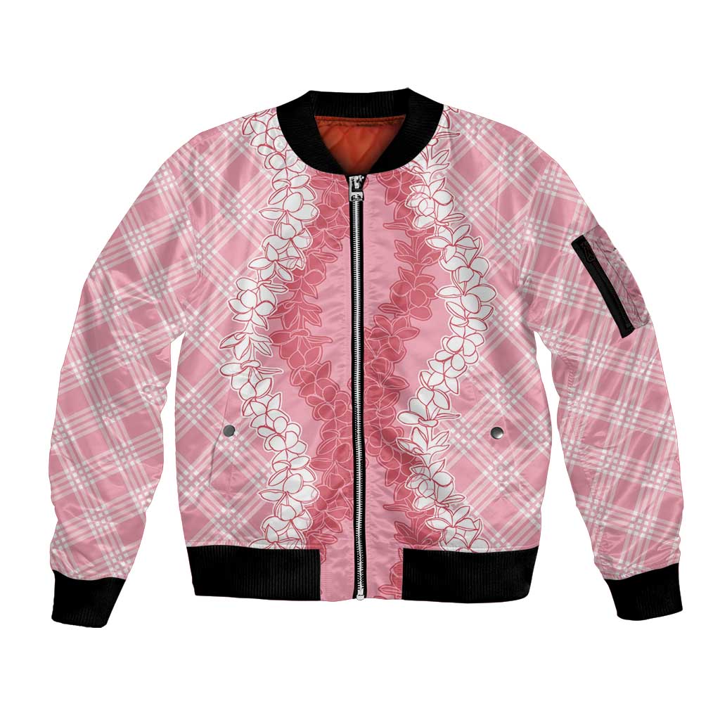 Hawaii Aloha Plumeria Lei Pink Palaka Sleeve Zip Bomber Jacket - Polynesian Pride