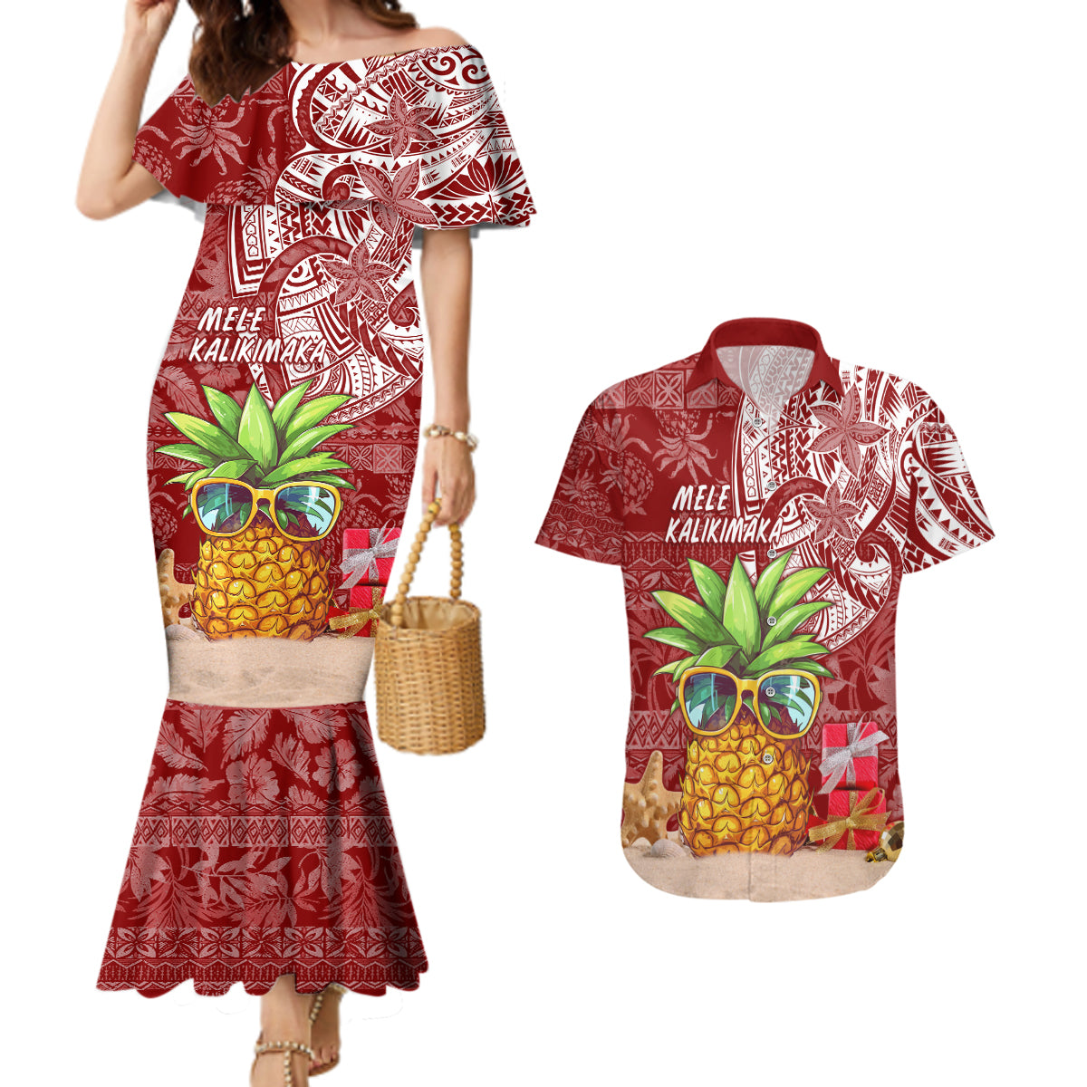 Mele Kalikimaka Hawaii Christmas Couples Matching Mermaid Dress and Hawaiian Shirt Pineapple Party LT7 Red - Polynesian Pride