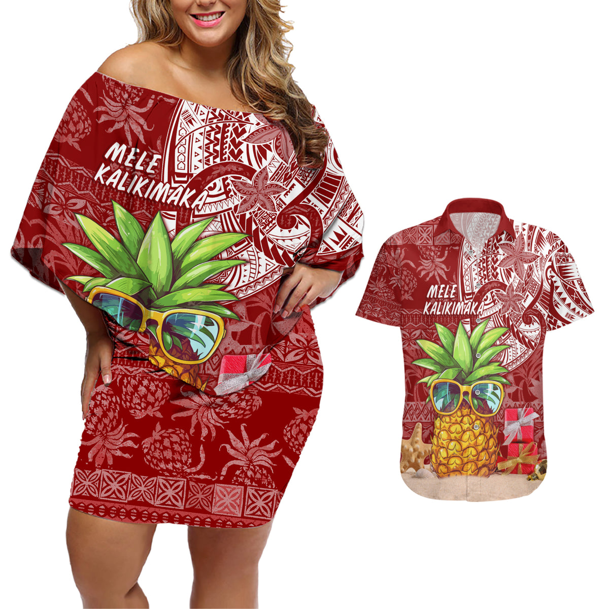 Mele Kalikimaka Hawaii Christmas Couples Matching Off Shoulder Short Dress and Hawaiian Shirt Pineapple Party LT7 Red - Polynesian Pride