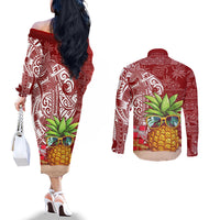 Mele Kalikimaka Hawaii Christmas Couples Matching Off The Shoulder Long Sleeve Dress and Long Sleeve Button Shirt Pineapple Party LT7 - Polynesian Pride