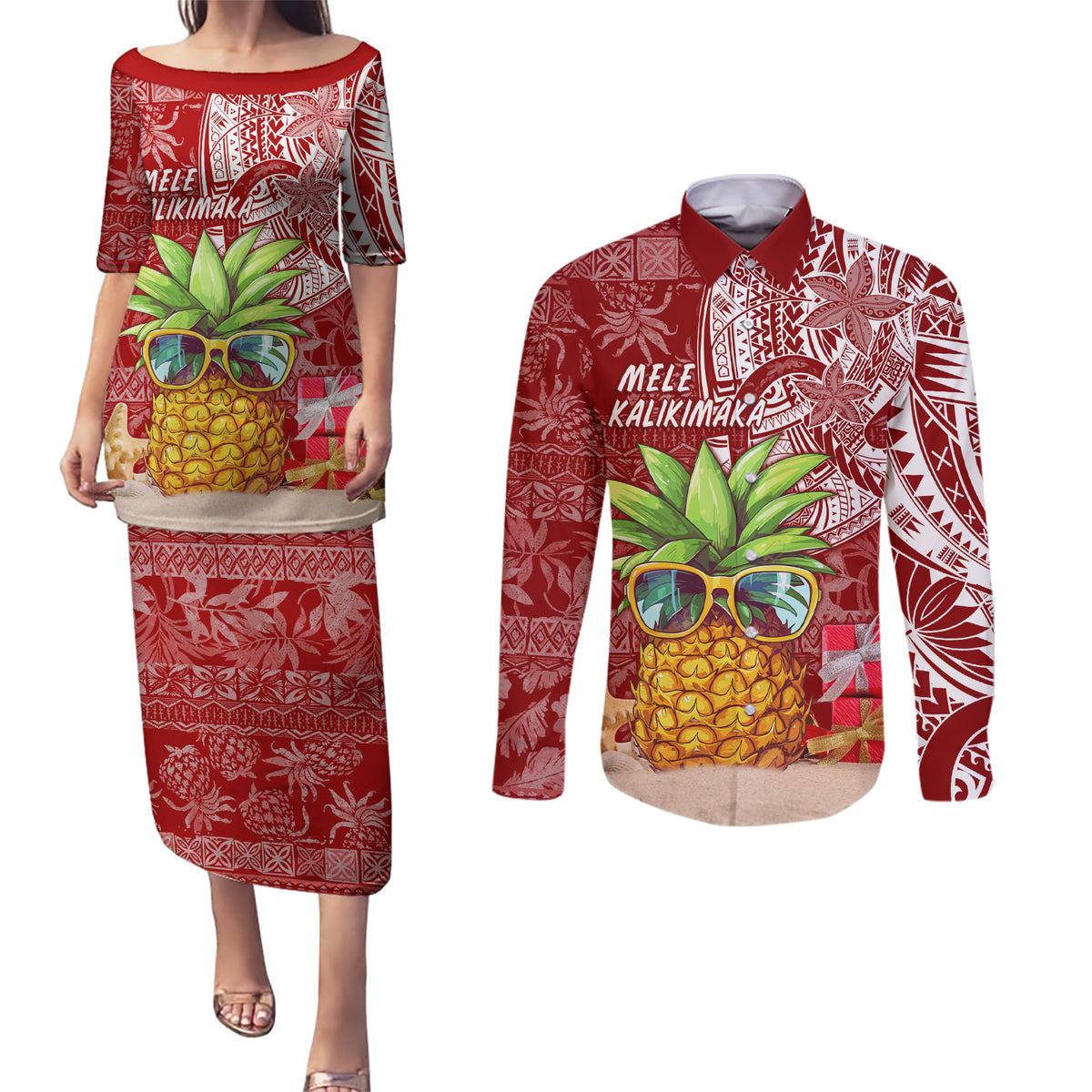 Mele Kalikimaka Hawaii Christmas Couples Matching Puletasi Dress and Long Sleeve Button Shirt Pineapple Party LT7 Red - Polynesian Pride