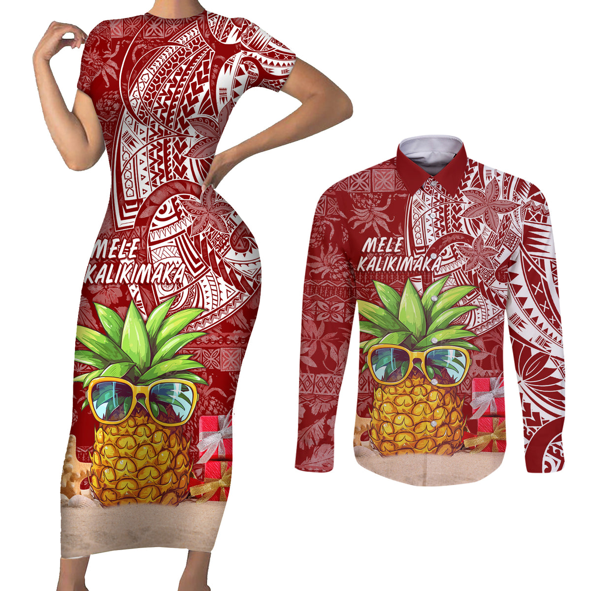 Mele Kalikimaka Hawaii Christmas Couples Matching Short Sleeve Bodycon Dress and Long Sleeve Button Shirt Pineapple Party LT7 Red - Polynesian Pride