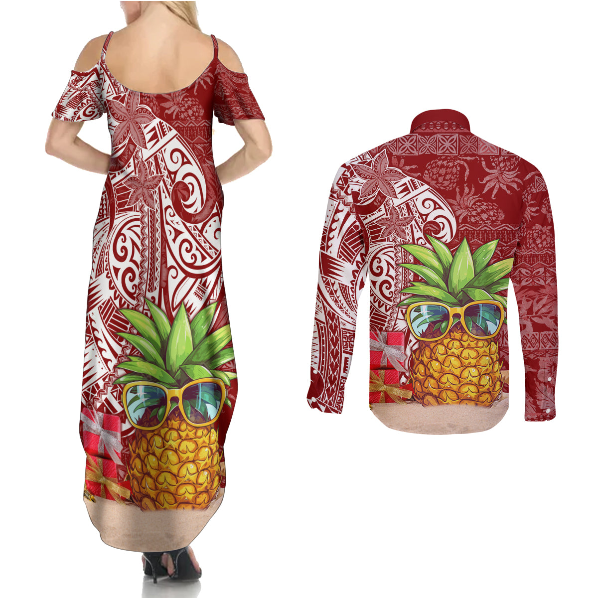Mele Kalikimaka Hawaii Christmas Couples Matching Summer Maxi Dress and Long Sleeve Button Shirt Pineapple Party LT7 - Polynesian Pride