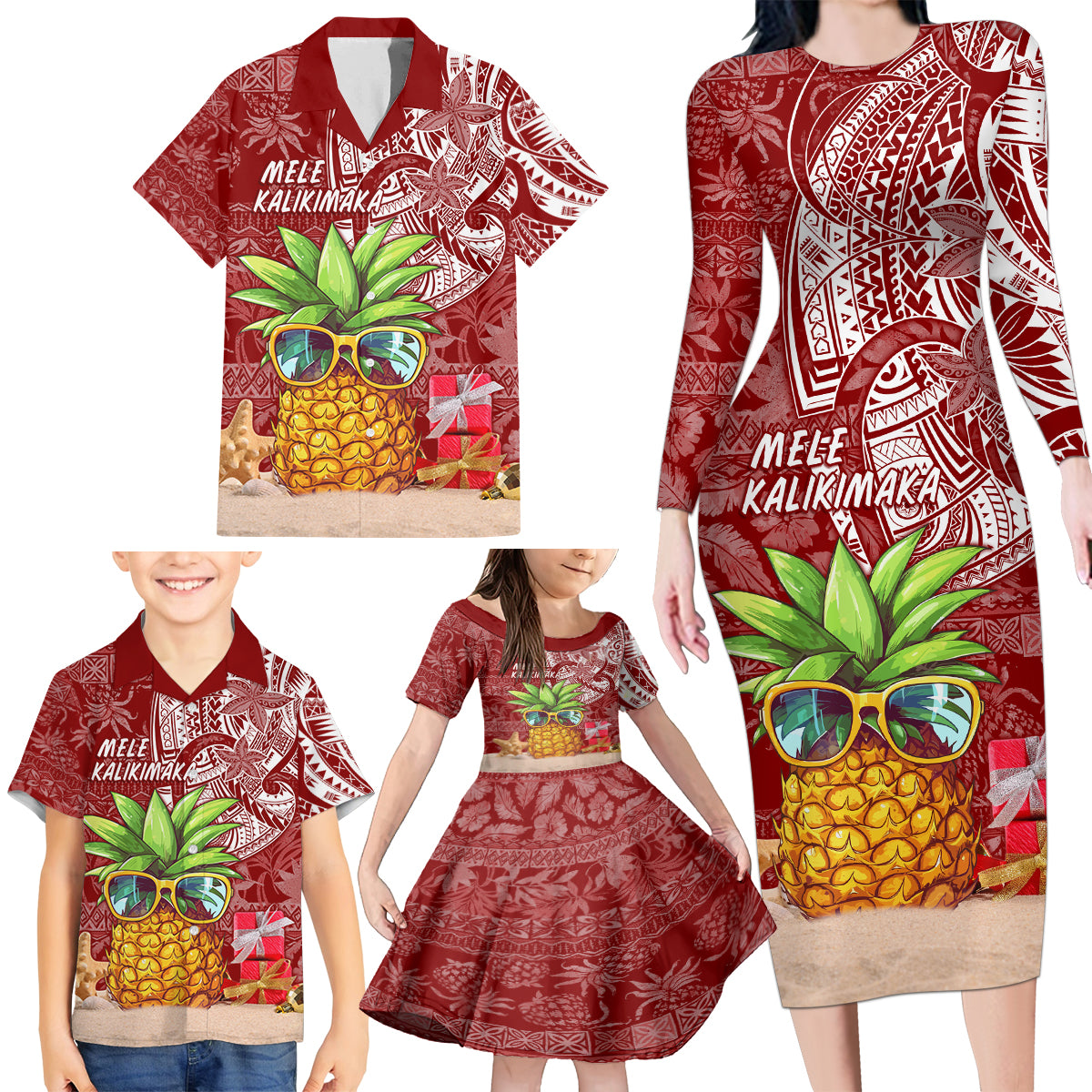 Mele Kalikimaka Hawaii Christmas Family Matching Long Sleeve Bodycon Dress and Hawaiian Shirt Pineapple Party LT7 - Polynesian Pride