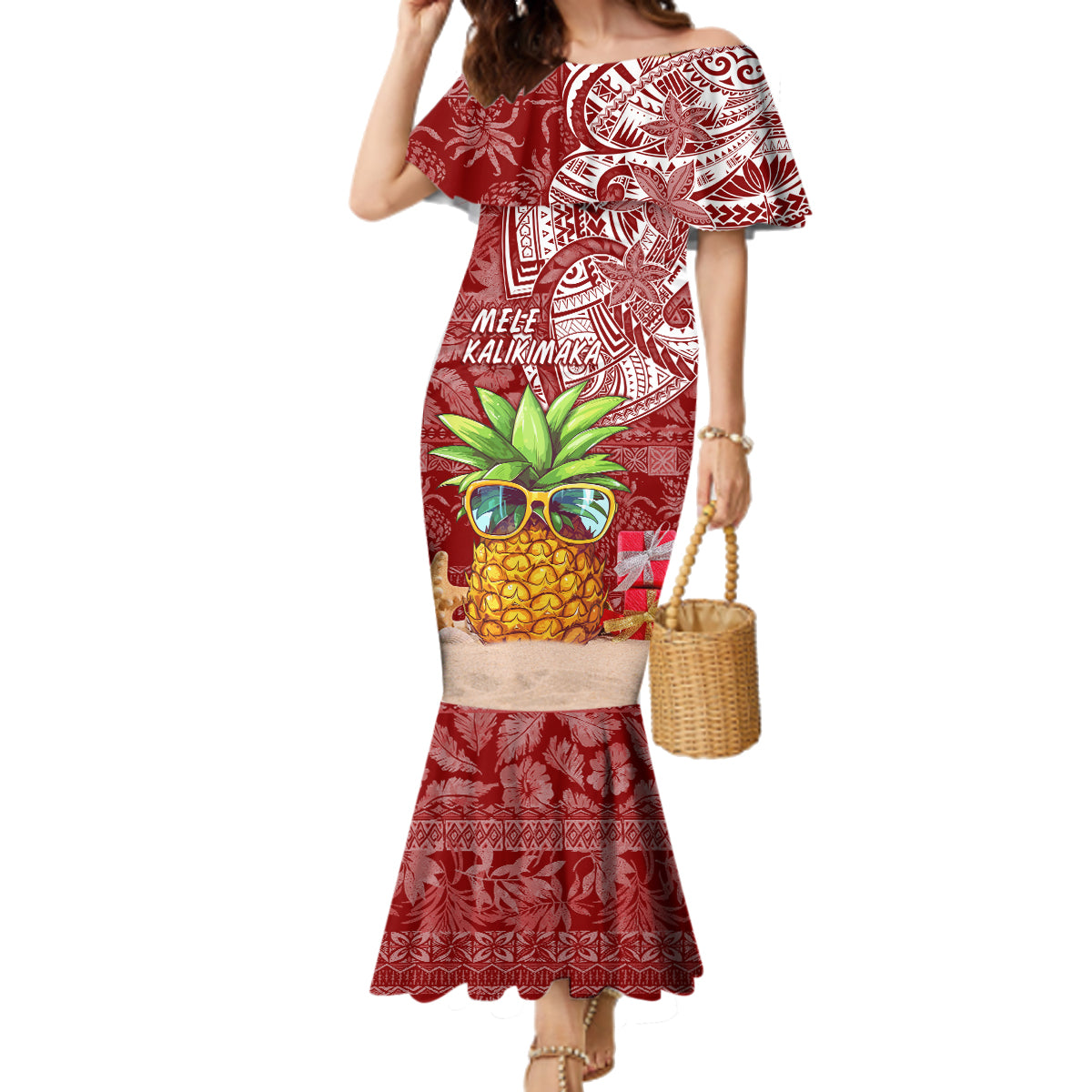 Mele Kalikimaka Hawaii Christmas Family Matching Mermaid Dress and Hawaiian Shirt Pineapple Party LT7 Mom's Dress Red - Polynesian Pride
