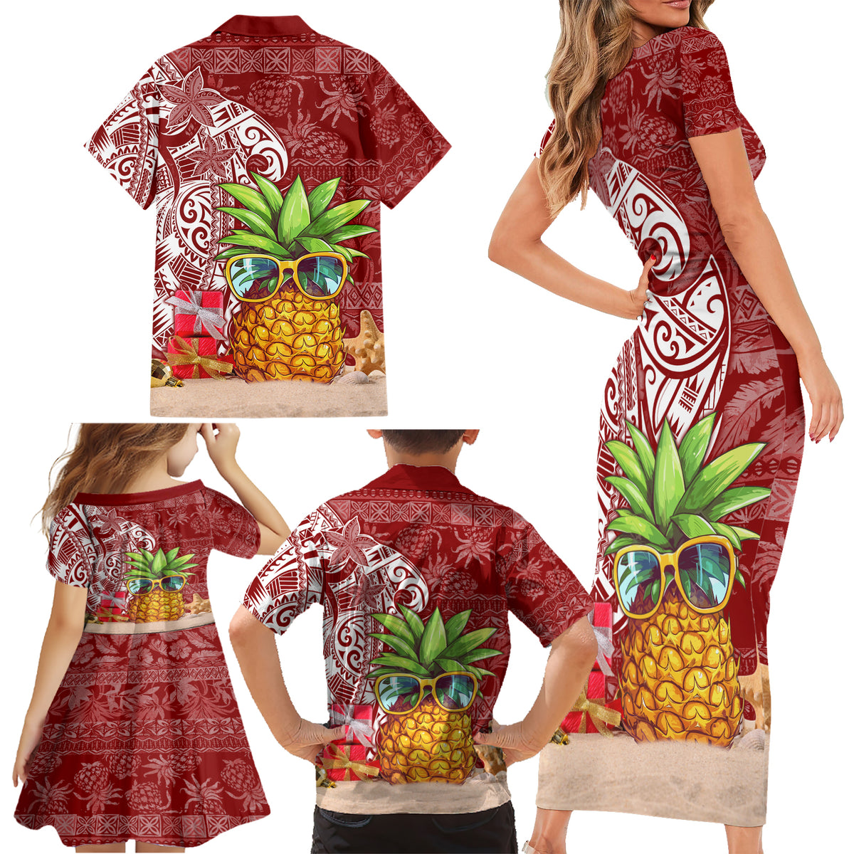 Mele Kalikimaka Hawaii Christmas Family Matching Short Sleeve Bodycon Dress and Hawaiian Shirt Pineapple Party LT7 - Polynesian Pride
