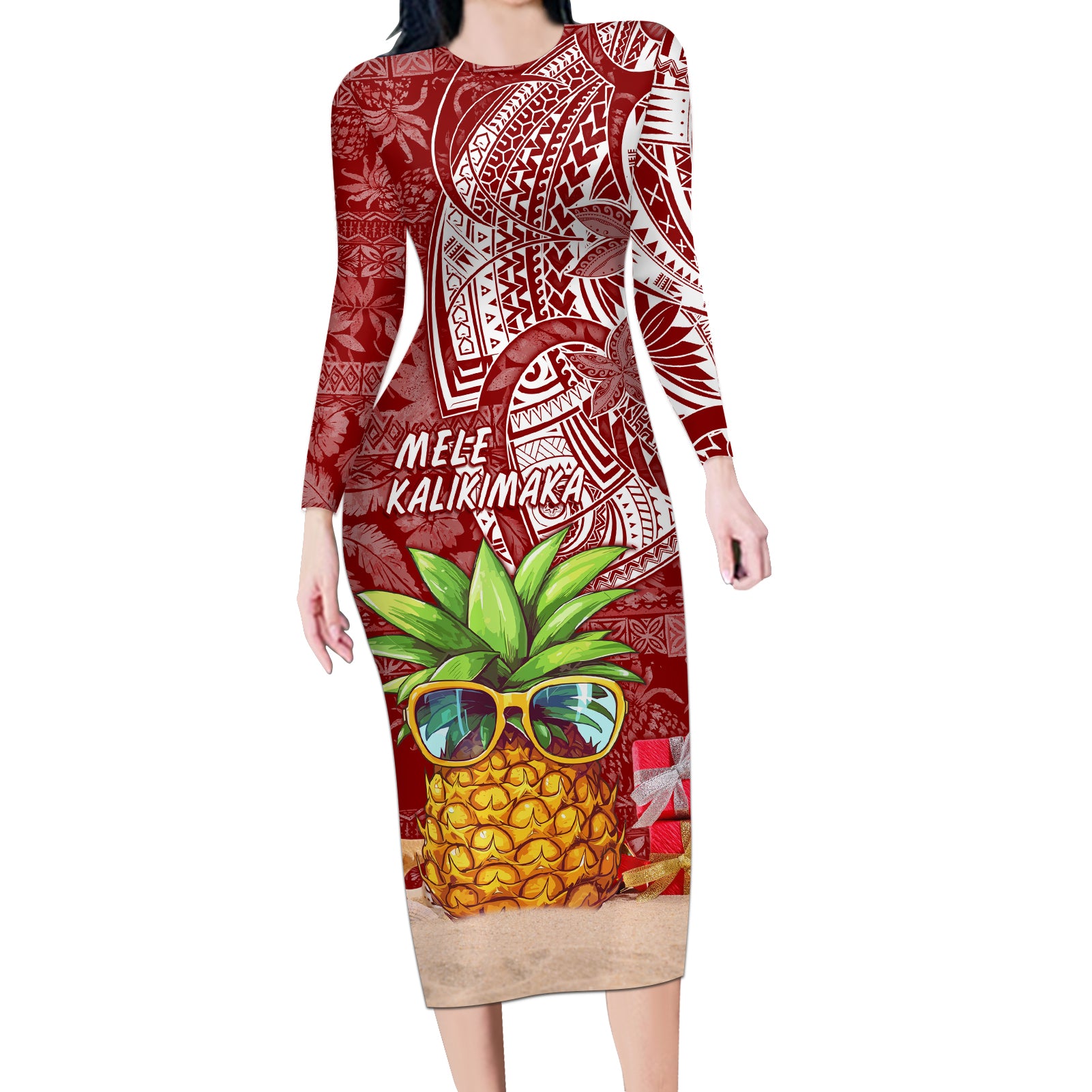 Mele Kalikimaka Hawaii Christmas Long Sleeve Bodycon Dress Pineapple Party LT7 Long Dress Red - Polynesian Pride