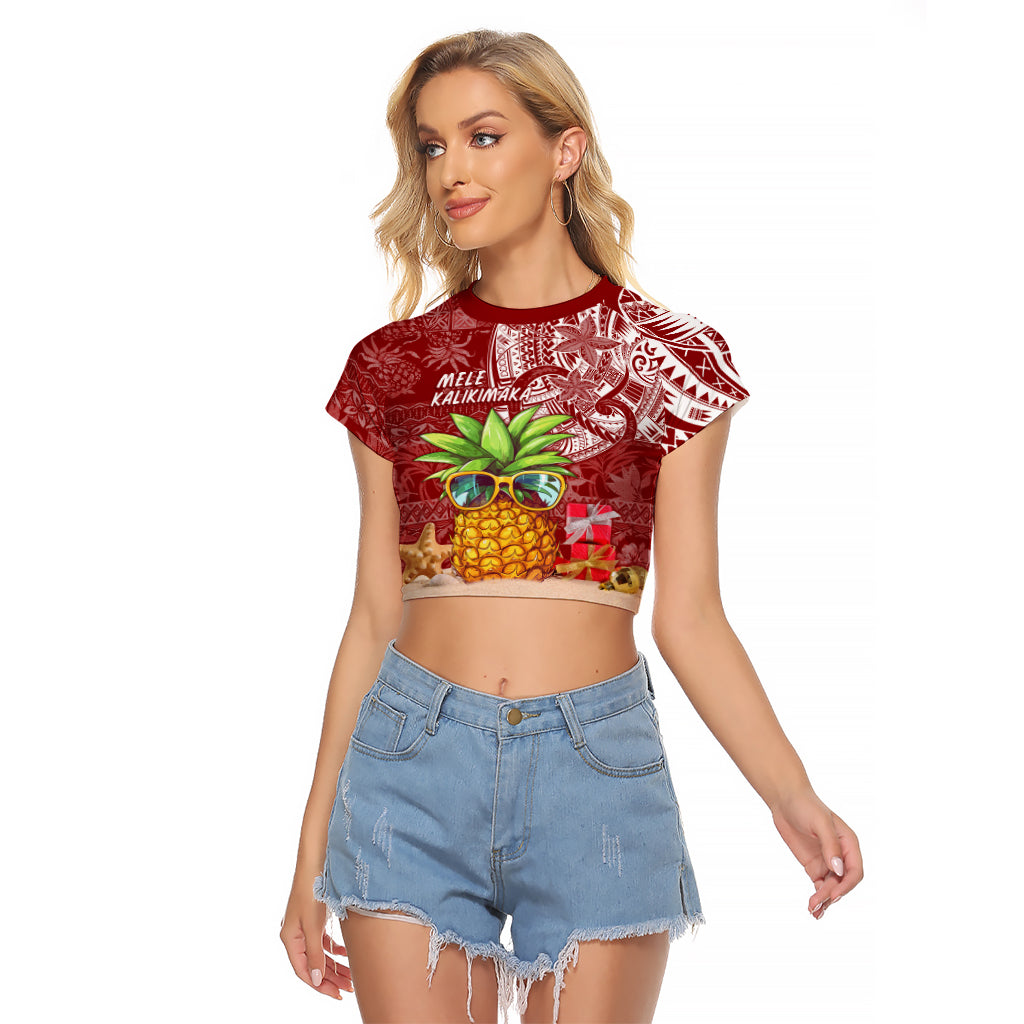 Mele Kalikimaka Hawaii Christmas Raglan Cropped T Shirt Pineapple Party LT7 Female Red - Polynesian Pride