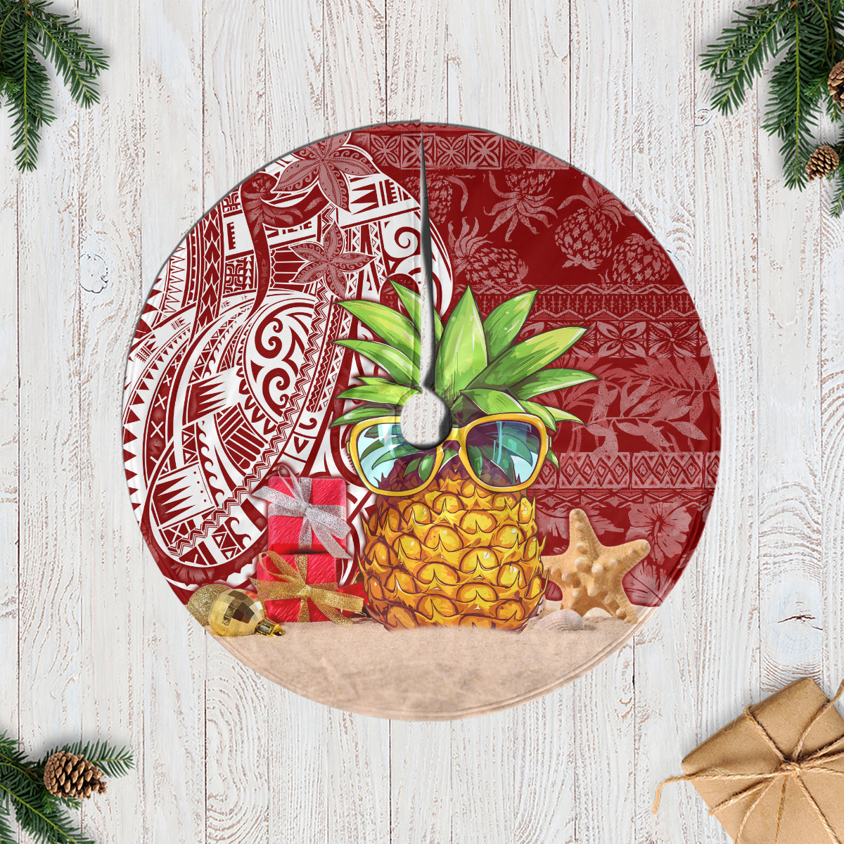 Mele Kalikimaka Hawaii Christmas Tree Skirt Pineapple Party LT7 Casual Tree Skirts Red - Polynesian Pride