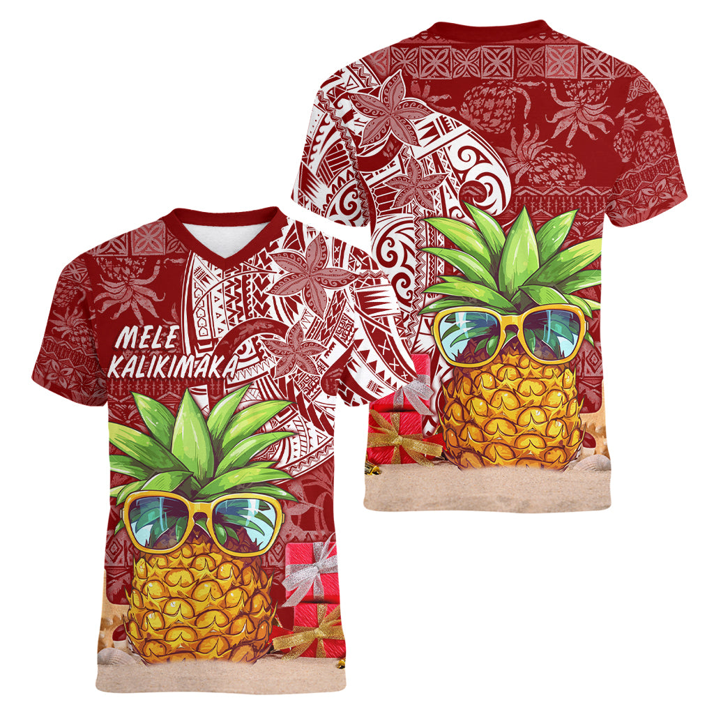 Mele Kalikimaka Hawaii Christmas Women V Neck T Shirt Pineapple Party LT7 - Polynesian Pride