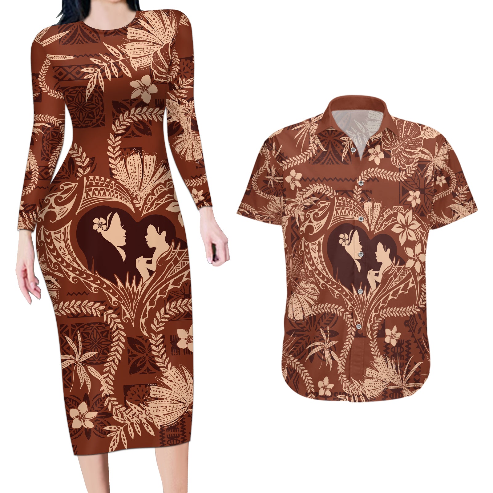 Hawaii Plumeria Couples Matching Long Sleeve Bodycon Dress and Hawaiian Shirt Hau'oli la Makuahine Sunburned LT7 Brown - Polynesian Pride