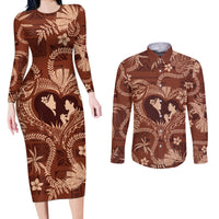 Hawaii Plumeria Couples Matching Long Sleeve Bodycon Dress and Long Sleeve Button Shirt Hau'oli la Makuahine Sunburned LT7 Brown - Polynesian Pride