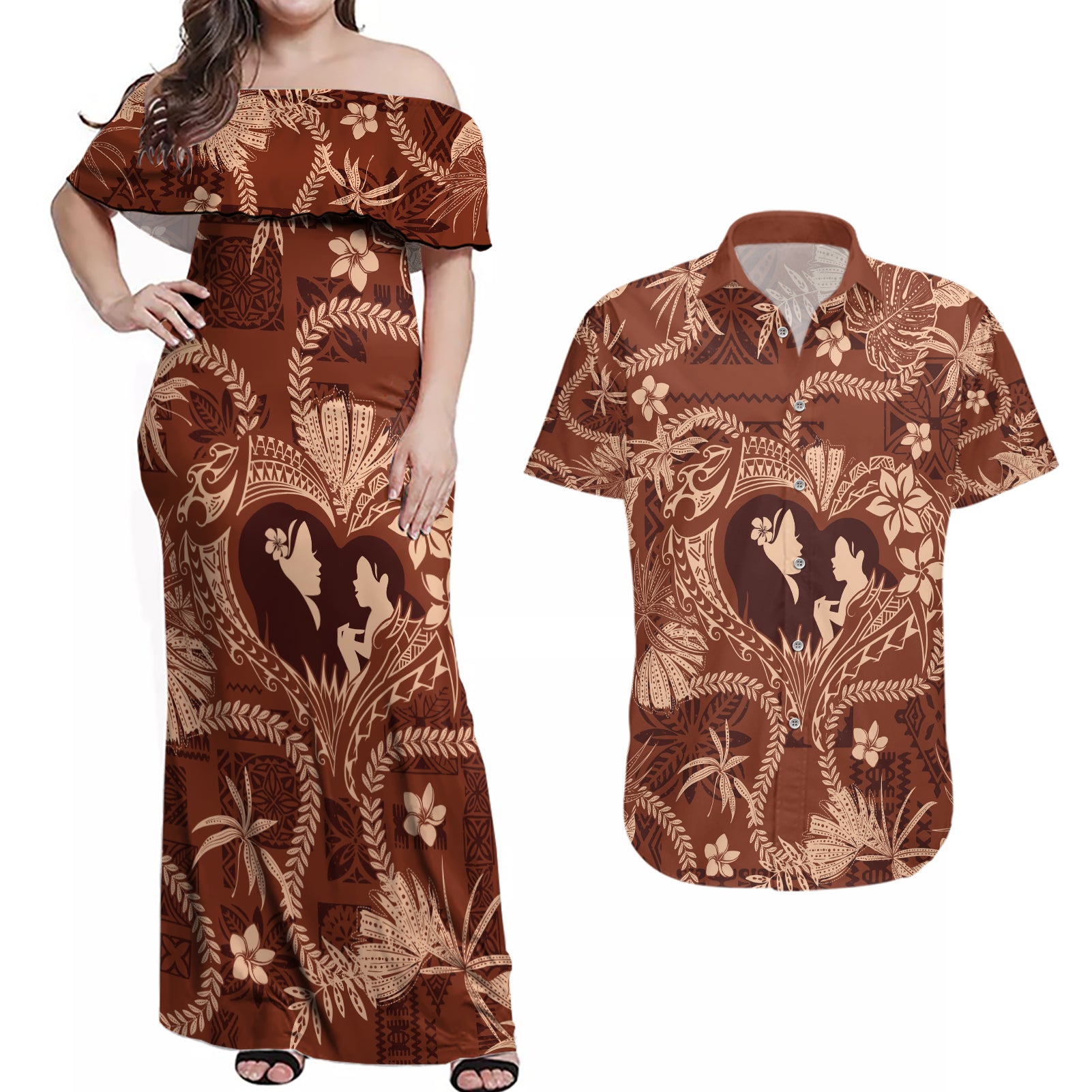 Hawaii Plumeria Couples Matching Off Shoulder Maxi Dress and Hawaiian Shirt Hau'oli la Makuahine Sunburned LT7 Brown - Polynesian Pride