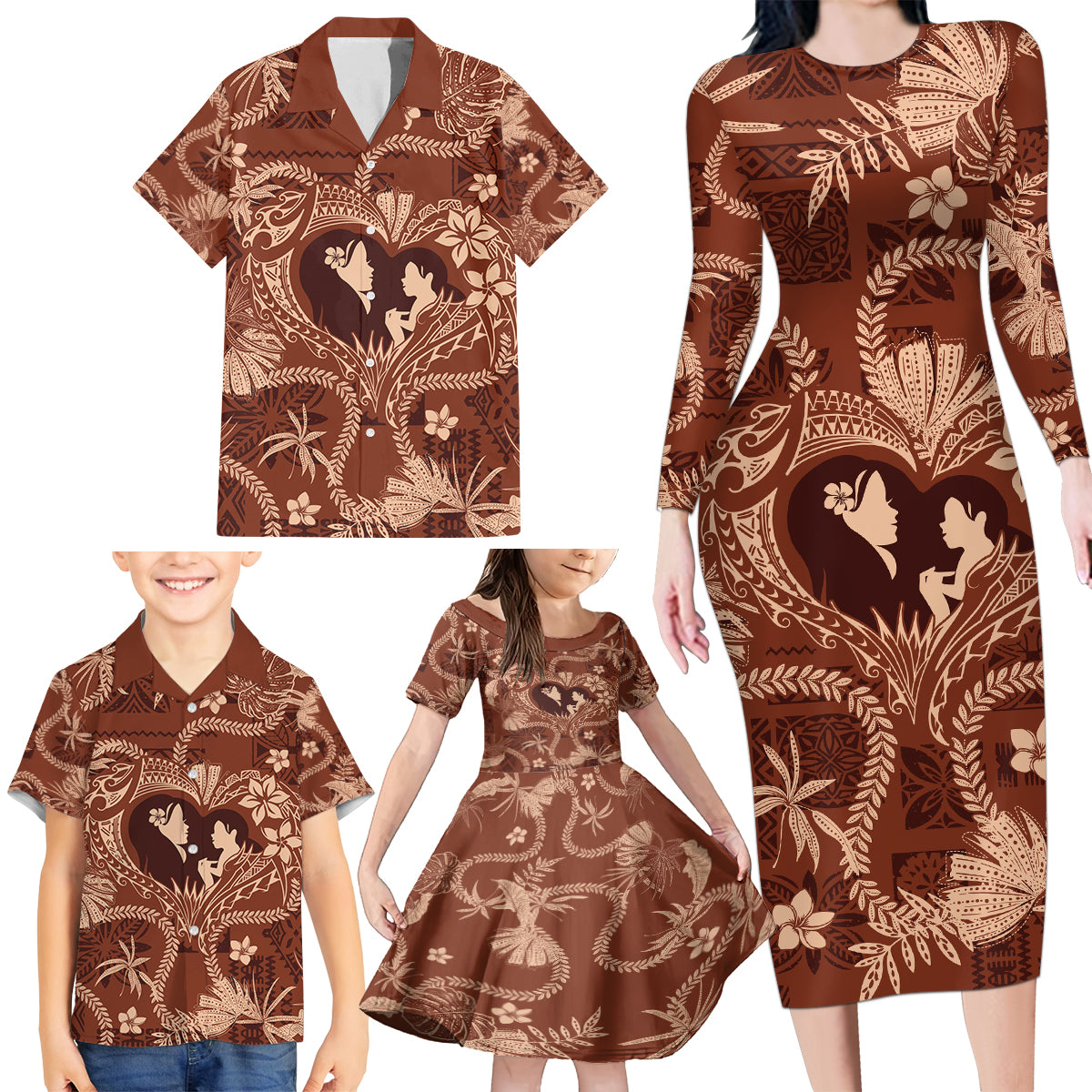 Hawaii Plumeria Family Matching Long Sleeve Bodycon Dress and Hawaiian Shirt Hau'oli la Makuahine Sunburned LT7 - Polynesian Pride