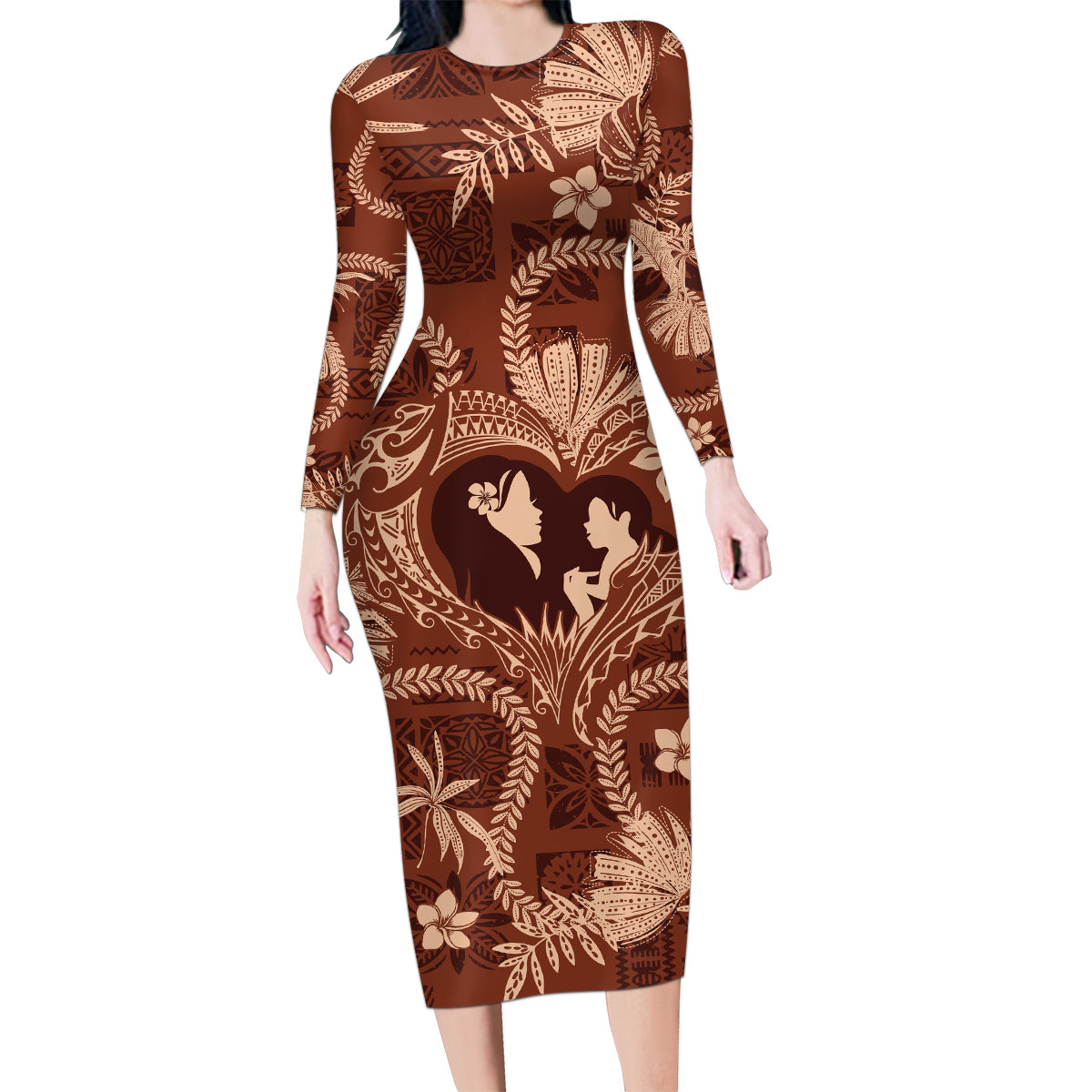 Hawaii Plumeria Family Matching Long Sleeve Bodycon Dress and Hawaiian Shirt Hau'oli la Makuahine Sunburned LT7 Mom's Dress Brown - Polynesian Pride